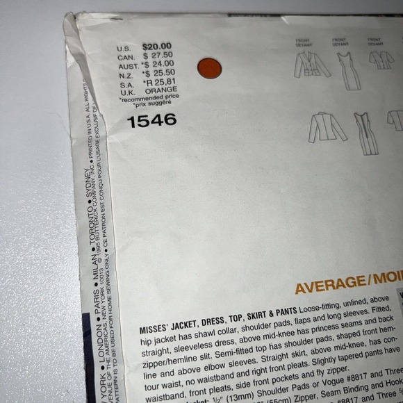 Vogue #1546 Tamotsu Wardrobe Pattern-sizes 12-14-16 Ms. Jacket,Dress,Top,Skirt+ - Picture 6 of 8